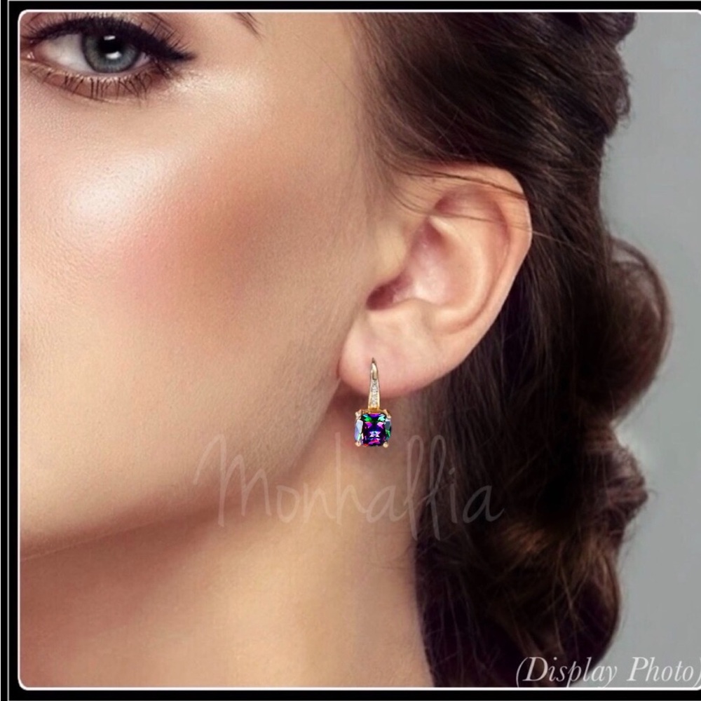 Clearance! New Rainbow Mystic Topaz Cushion Cut Drop Earrings w/ Pavé Accents - Picture 4 of 4